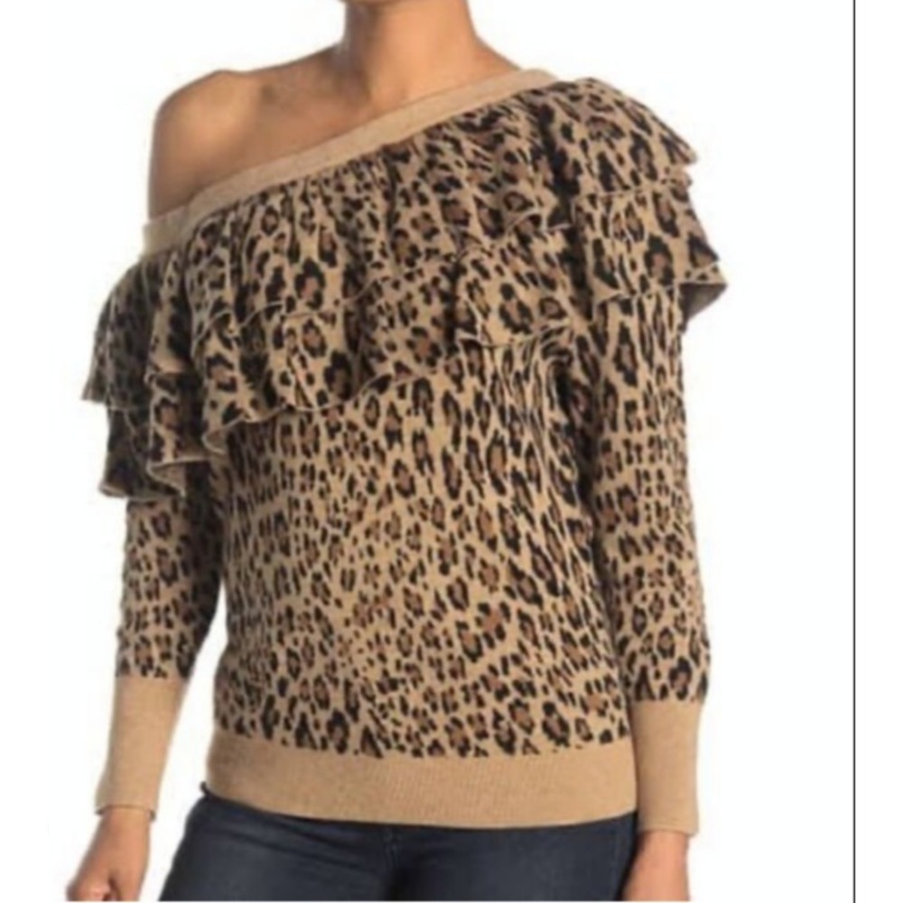 FRAME One Shoulder Sweater Leopard Pattern Two Ruffle Neck 3/4 Sleeve SZ XS